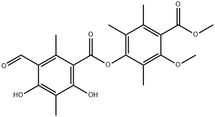Benzoic acid, 3-formyl-4,6-dihydroxy-2,5-dimethyl-, 3-methoxy-4-(methoxycarbonyl)-2,5,6-trimethylphenyl ester Structure