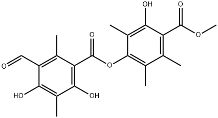 Benzoic acid, 3-formyl-4,6-dihydroxy-2,5-dimethyl-, 3-hydroxy-4-(methoxycarbonyl)-2,5,6-trimethylphenyl ester 구조식 이미지