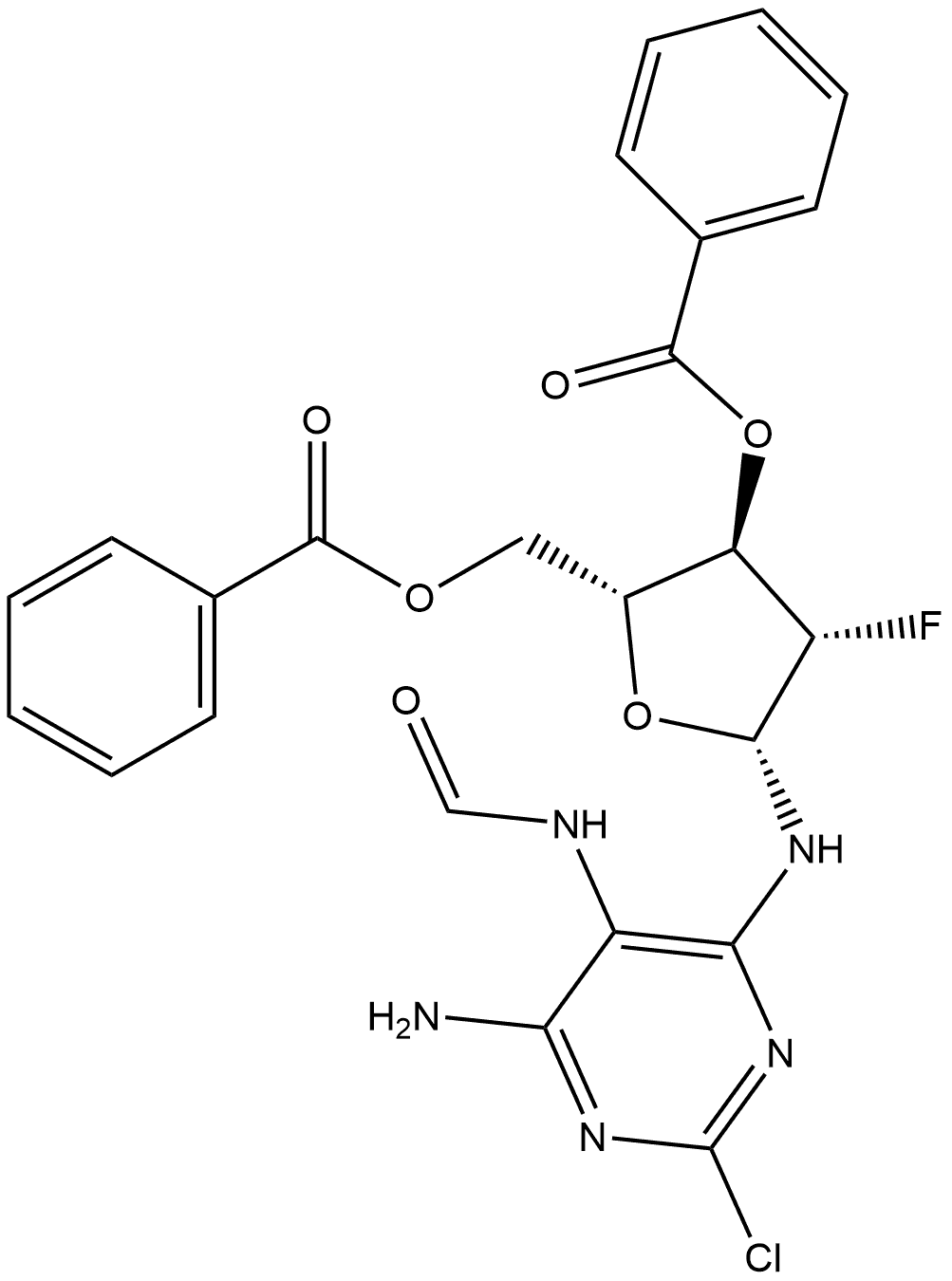 N-[4-Amino-2-chloro-6-[(3,5-di-O-benzoyl-2-deoxy-2-fluoro-β-D-arabinofuranosyl)amino]-5-pyrimidinyl]-formamide 구조식 이미지