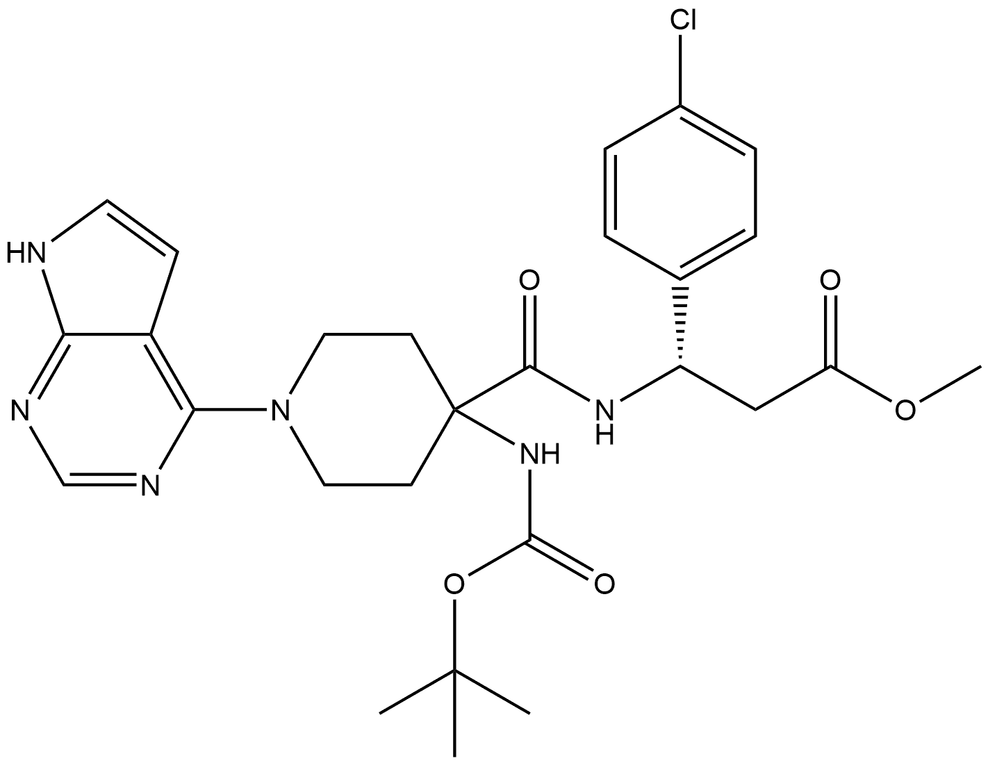 Benzenepropanoic acid, 4-chloro-β-[[[4-[[(1,1-dimethylethoxy)carbonyl]amino]-1-(7H-pyrrolo[2,3-d]pyrimidin-4-yl)-4-piperidinyl]carbonyl]amino]-, methyl ester, (βS)- Structure