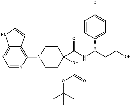 Carbamic acid, N-[4-[[[(1S)-1-(4-chlorophenyl)-3-hydroxypropyl]amino]carbonyl]-1-(7H-pyrrolo[2,3-d]pyrimidin-4-yl)-4-piperidinyl]-, 1,1-dimethylethyl ester Structure