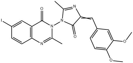 3-(4-(3,4-Dimethoxybenzylidene)-2-methyl-5-oxo-4,5-dihydro-1H-imidazol-1-yl)-6-iodo-2-methylquinazolin-4(3H)-one 구조식 이미지