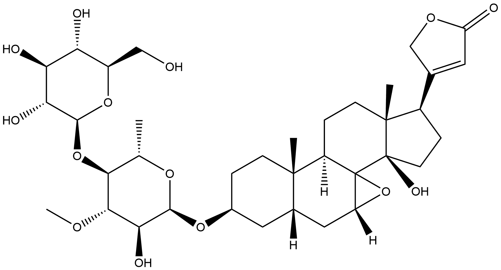 Card-20(22)-enolide, 3-[(6-deoxy-4-O-β-D-glucopyranosyl-3-O-methyl-α-L-glucopyranosyl)oxy]-7,8-epoxy-14-hydroxy-, (3β,5β,7β)- Structure