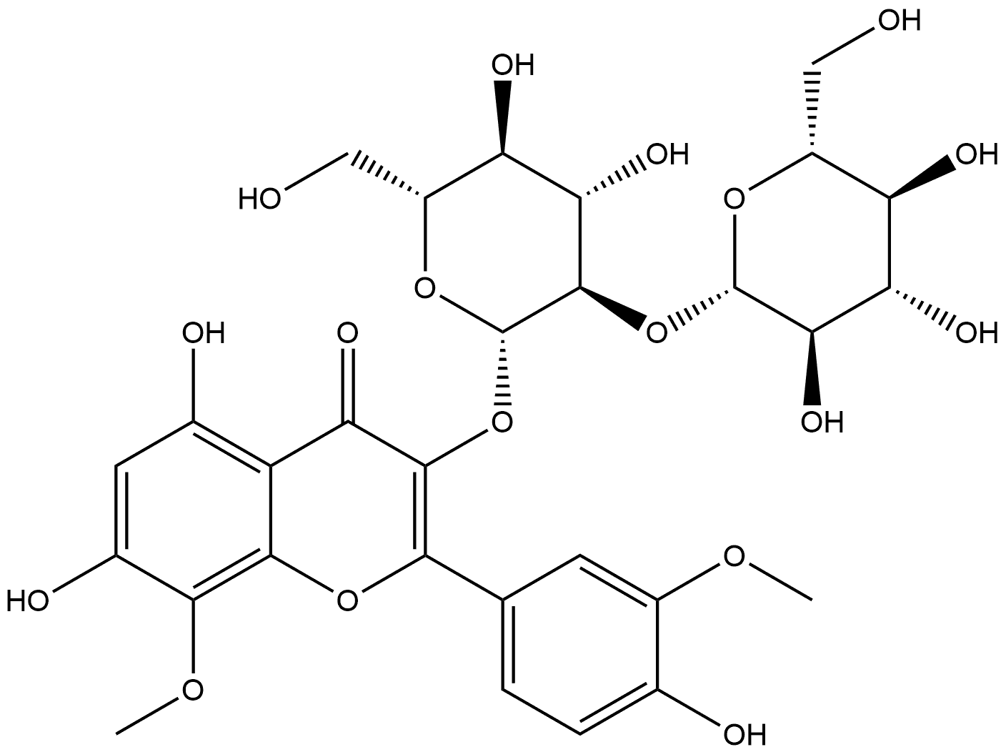 4H-1-Benzopyran-4-one, 3-[(2-O-β-D-glucopyranosyl-β-D-glucopyranosyl)oxy]-5,7-dihydroxy-2-(4-hydroxy-3-methoxyphenyl)-8-methoxy- 구조식 이미지