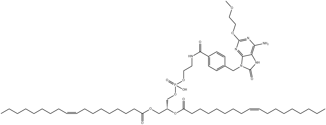 9-Octadecenoic acid (9Z)-, 1,1'-[(1R)-1-[8-[4-[[6-amino-7,8-dihydro-2-(2-methoxyethoxy)-8-oxo-9H-purin-9-yl]methyl]phenyl]-3-hydroxy-3-oxido-8-oxo-2,4-dioxa-7-aza-3-phosphaoct-1-yl]-1,2-ethanediyl] ester Structure