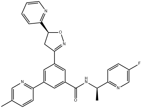 Benzamide, 3-[(5S)-4,5-dihydro-5-(2-pyridinyl)-3-isoxazolyl]-N-[(1R)-1-(5-fluoro-2-pyridinyl)ethyl]-5-(5-methyl-2-pyridinyl)- Structure