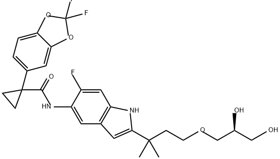 Cyclopropanecarboxamide, 1-(2,2-difluoro-1,3-benzodioxol-5-yl)-N-[2-[3-[(2S)-2,3-dihydroxypropoxy]-1,1-dimethylpropyl]-6-fluoro-1H-indol-5-yl]- Structure