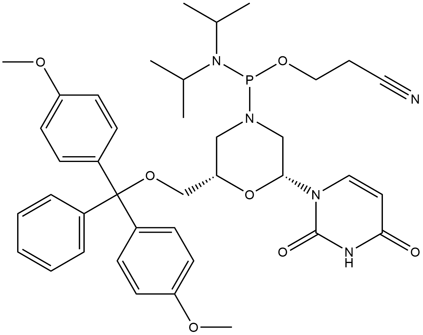 Phosphonamidous acid, P-[(2S,6R)-2-[[bis(4-methoxyphenyl)phenylmethoxy]methyl]-6-(3,4-dihydro-2,4-dioxo-1(2H)-pyrimidinyl)-4-morpholinyl]-N,N-bis(1-methylethyl)-, 2-cyanoethyl ester Structure