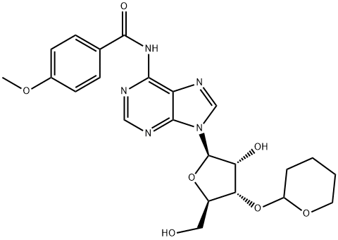 N-(9-((2R,3R,4S,5R)-3-Hydroxy-5-(hydroxymethyl)-4-((tetrahydro-2H-pyran-2-yl)oxy)tetrahydrofuran-2-yl)-9H-purin-6-yl)-4-methoxybenzamide 구조식 이미지