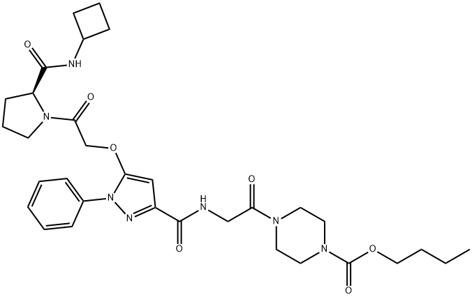 1-Piperazinecarboxylic acid, 4-[2-[[[5-[2-[(2S)-2-[(cyclobutylamino)carbonyl]-1-pyrrolidinyl]-2-oxoethoxy]-1-phenyl-1H-pyrazol-3-yl]carbonyl]amino]acetyl]-, butyl ester Structure