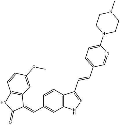 2H-Indol-2-one, 1,3-dihydro-5-methoxy-3-[[3-[(1E)-2-[6-(4-methyl-1-piperazinyl)-3-pyridinyl]ethenyl]-1H-indazol-6-yl]methylene]-, (3E)- 구조식 이미지