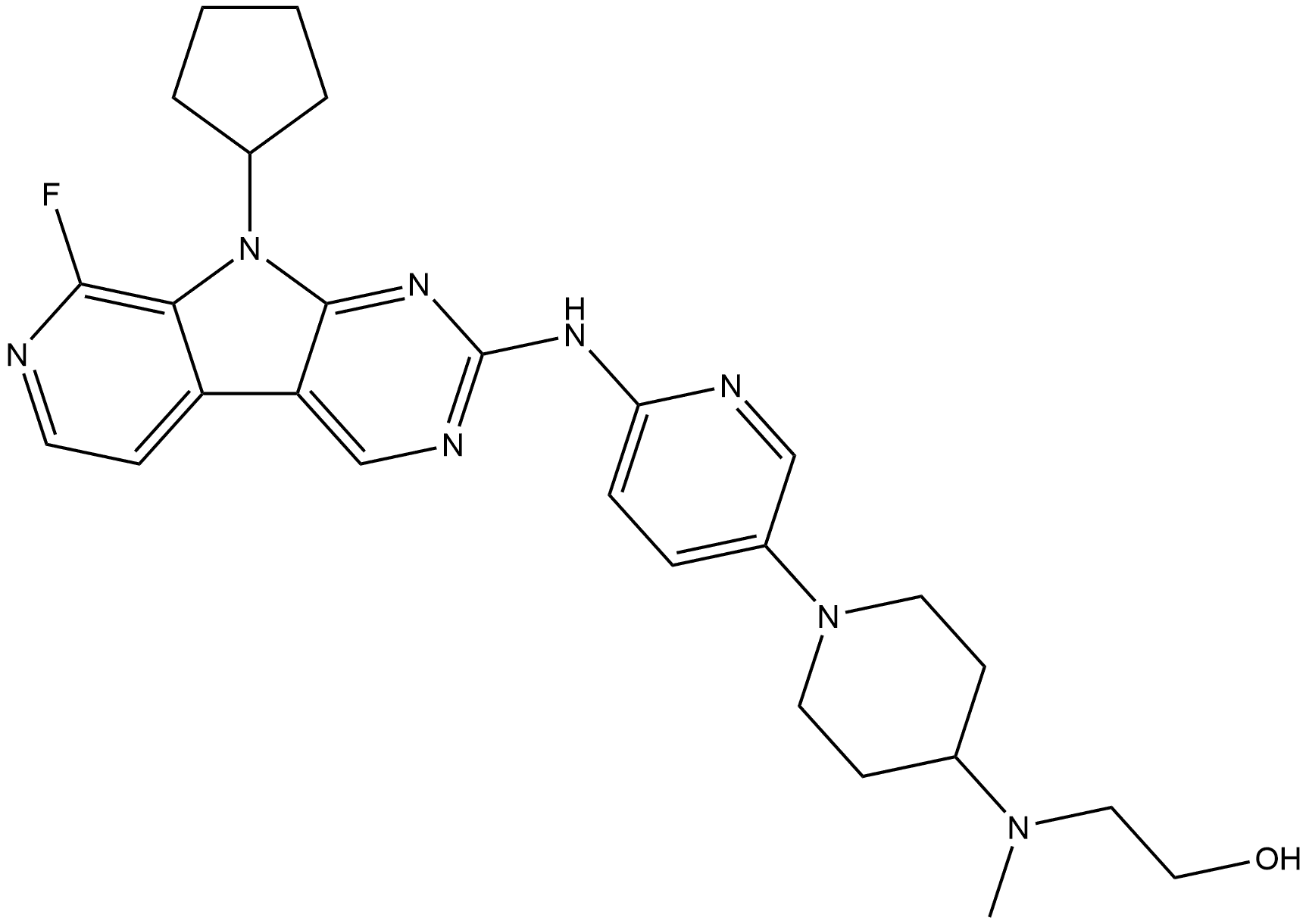 Ethanol, 2-[[1-[6-[(9-cyclopentyl-8-fluoro-9H-pyrido[4',3':4,5]pyrrolo[2,3-d]pyrimidin-2-yl)amino]-3-pyridinyl]-4-piperidinyl]methylamino]- 구조식 이미지