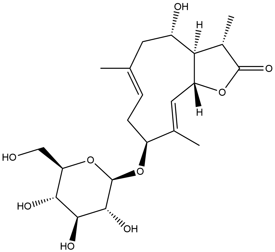 Cyclodeca[b]furan-2(3H)-one, 9-(β-D-glucopyranosyloxy)-3a,4,5,8,9,11a-hexahydro-4-hydroxy-3,6,10-trimethyl-, (3S,3aR,4S,6E,9S,10E,11aR)- Structure