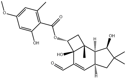 Benzoic acid, 2-hydroxy-4-methoxy-6-methyl-, (2R,2aS,4aS,7R,7aS,7bR)-3-formyl-2,2a,4a,5,6,7,7a,7b-octahydro-2a,7-dihydroxy-6,6,7b-trimethyl-1H-cyclobut[e]inden-2-yl ester Structure