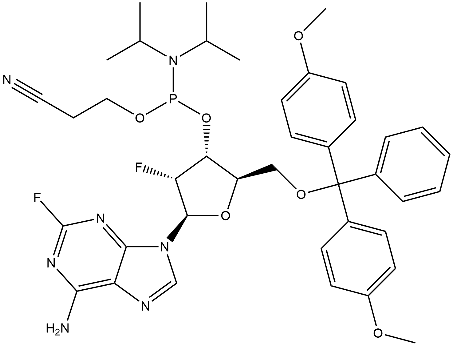 Adenosine, 5′-O-[bis(4-methoxyphenyl)phenylmethyl]-2′-deoxy-2,2′-difluoro-, 3′-[2-cyanoethyl N,N-bis(1-methylethyl)phosphoramidite] 구조식 이미지