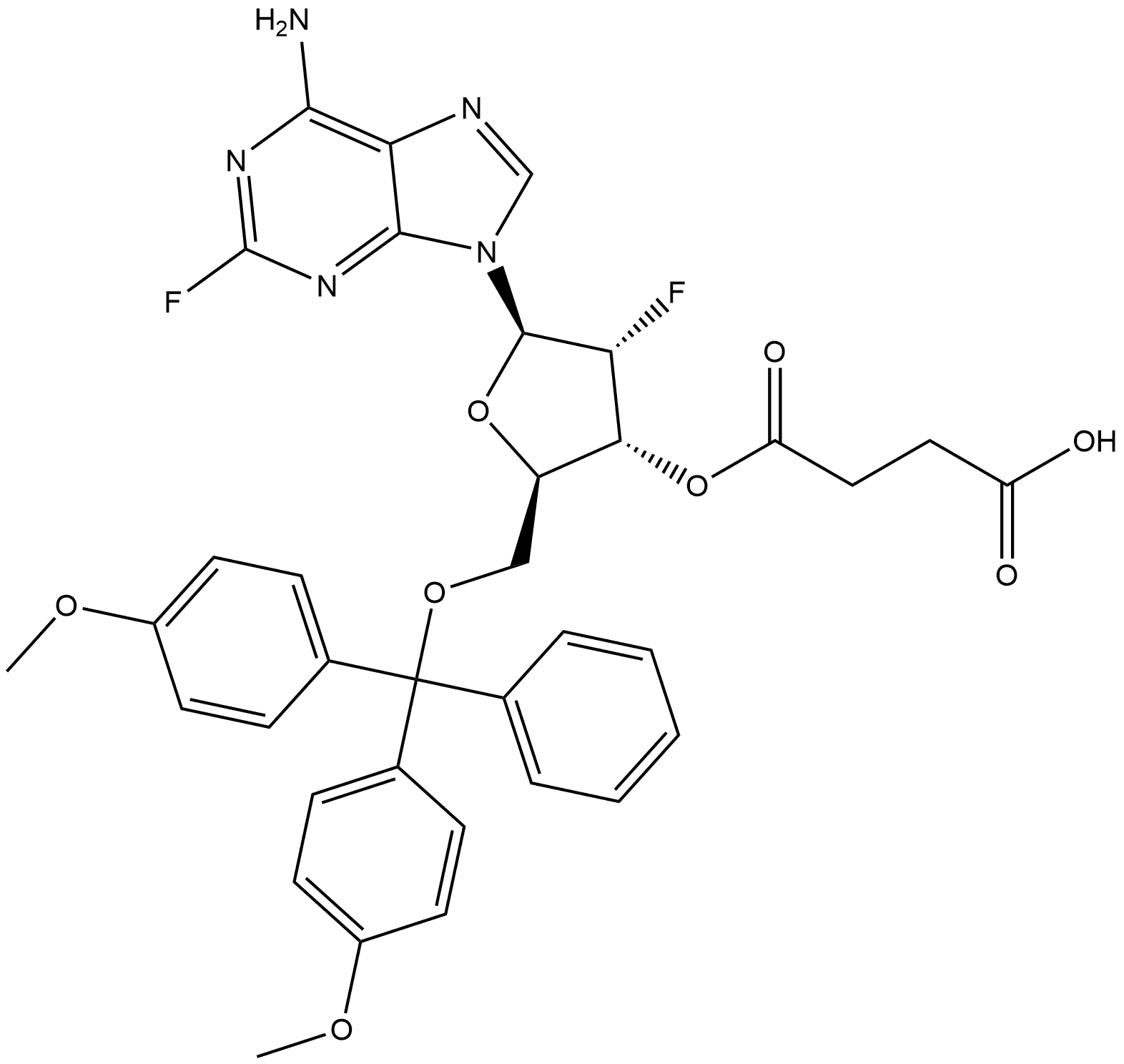 Adenosine, 5′-O-[bis(4-methoxyphenyl)phenylmethyl]-2′-deoxy-2,2′-difluoro-, 3′-(hydrogen butanedioate) 구조식 이미지