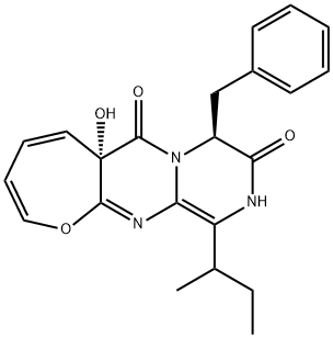 6H-Oxepino[2,3-d]pyrazino[1,2-a]pyrimidine-6,9(8H)-dione, 5a,10-dihydro-5a-hydroxy-11-(1-methylpropyl)-8-(phenylmethyl)-, (5aS,8S)- 구조식 이미지