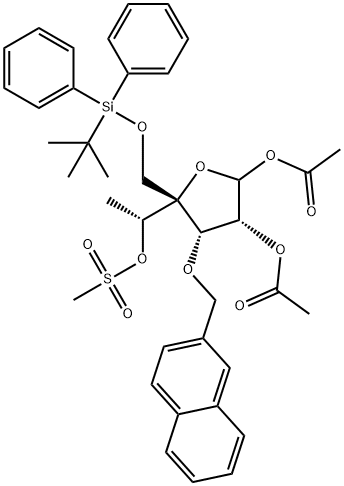 D-Gulofuranose, 6-deoxy-4-C-[[[(1,1-dimethylethyl)diphenylsilyl]oxy]methyl]-3-O-(2-naphthalenylmethyl)-, 1,2-diacetate 5-methanesulfonate Structure