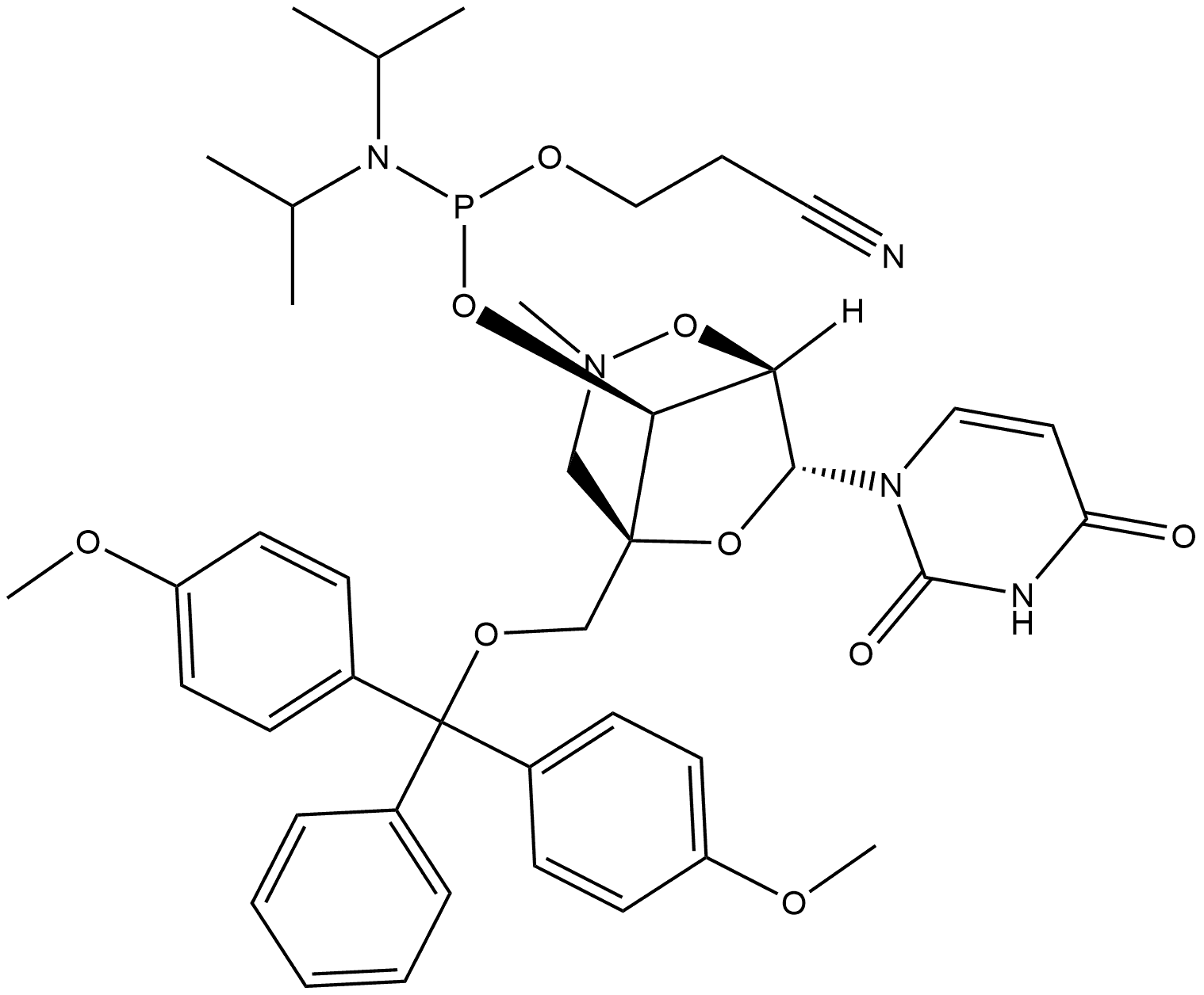 (1R,5R,7R,8S)-5-[[Bis(4-methoxyphenyl)phenylmethoxy]methyl]-7-(3,4-dihydro-2,4-dioxo-1(2H)-pyrimidinyl)-3-methyl-2,6-dioxa-3-azabicyclo[3.2.1]oct-8-yl 2-cyanoethyl N,N-bis(1-methylethyl)phosphoramidite Structure