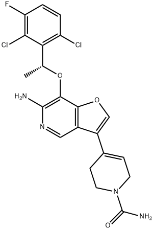 1(2H)-Pyridinecarboxamide, 4-[6-amino-7-[(1R)-1-(2,6-dichloro-3-fluorophenyl)ethoxy]furo[3,2-c]pyridin-3-yl]-3,6-dihydro- 구조식 이미지