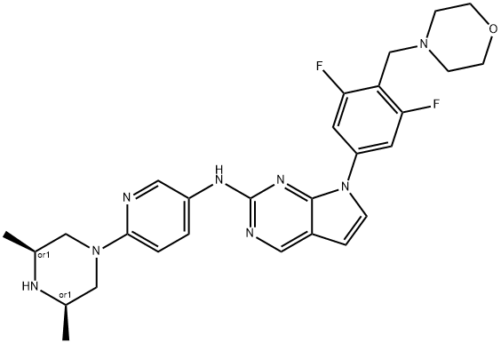 7H-Pyrrolo[2,3-d]pyrimidin-2-amine, 7-[3,5-difluoro-4-(4-morpholinylmethyl)phenyl]-N-[6-[(3R,5S)-3,5-dimethyl-1-piperazinyl]-3-pyridinyl]-, rel- Structure