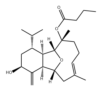 Butanoic acid, (2S,4R,4aR,5R,6R,9E,12R,12aR)-1,2,3,4,4a,5,6,7,8,11,12,12a-dodecahydro-2-hydroxy-6,10-dimethyl-1-methylene-4-(1-methylethyl)-5,12-epoxybenzocyclodecen-6-yl ester (9CI) Structure