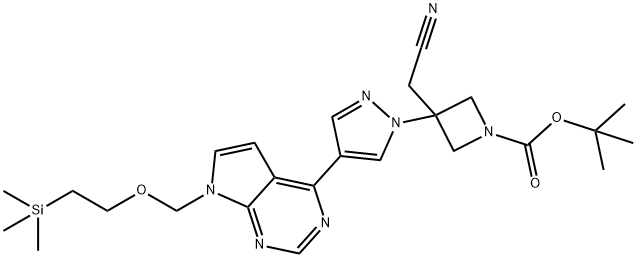 1-Azetidinecarboxylic acid, 3-(cyanomethyl)-3-[4-[7-[[2-(trimethylsilyl)ethoxy]methyl]-7H-pyrrolo[2,3-d]pyrimidin-4-yl]-1H-pyrazol-1-yl]-, 1,1-dimethylethyl ester Structure