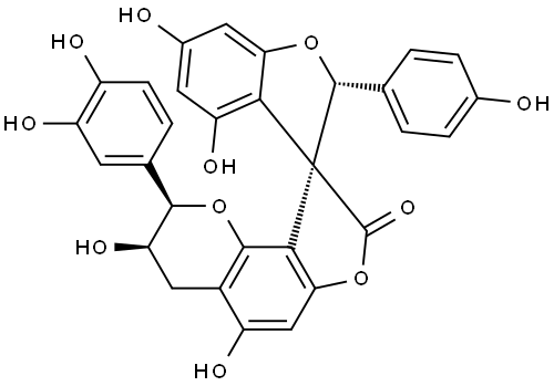 Spiro[benzofuran-3(2H),9'(8'H)-[2H]furo[2,3-h][1]benzopyran]-8'-one, 2'-(3,4-dihydroxyphenyl)-3',4'-dihydro-3',4,5',6-tetrahydroxy-2-(4-hydroxyphenyl)-, (2R,2'R,3R,3'R)- 구조식 이미지