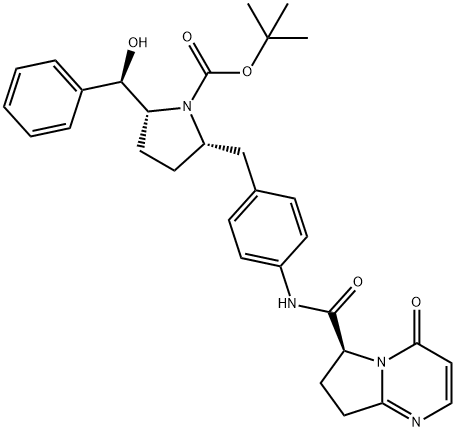 1-Pyrrolidinecarboxylic acid, 2-[(R)-hydroxyphenylmethyl]-5-[[4-[[[(6S)-4,6,7,8-tetrahydro-4-oxopyrrolo[1,2-a]pyrimidin-6-yl]carbonyl]amino]phenyl]methyl]-, 1,1-dimethylethyl ester, (2R,5S)- Structure