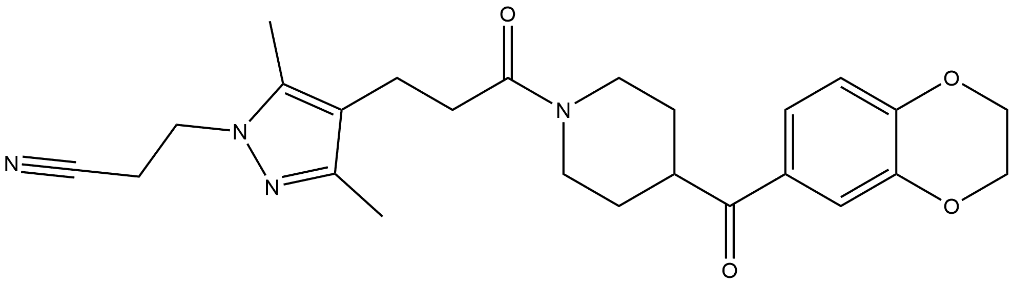 3-(4-(3-(4-(2,3-Dihydrobenzo[b][1,4]dioxine-6-carbonyl)piperidin-1-yl)-3-oxopropyl)-3,5-dimethyl-1H-pyrazol-1-yl)propanenitrile Structure