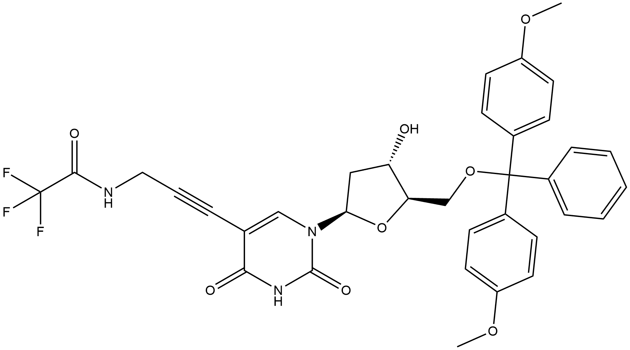 Uridine, 5'-O-[bis(4-methoxyphenyl)phenylmethyl]-2'-deoxy-5-[3-[(trifluoroacetyl)amino]-1-propyn-1-yl]- 구조식 이미지