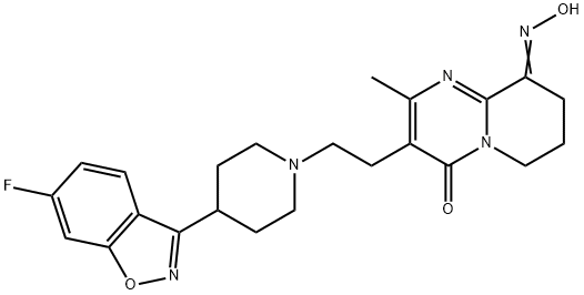 4H-Pyrido[1,2-a]pyrimidine-4,9(6H)-dione, 3-[2-[4-(6-fluoro-1,2-benzisoxazol-3-yl)-1-piperidinyl]ethyl]-7,8-dihydro-2-methyl-, 9-oxime 구조식 이미지