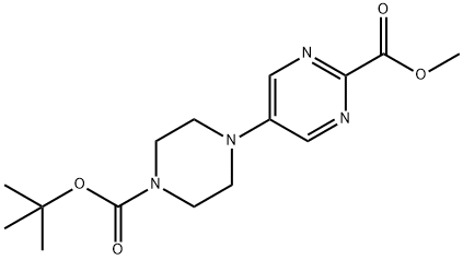 2-Pyrimidinecarboxylic acid, 5-[4-[(1,1-dimethylethoxy)carbonyl]-1-piperazinyl]-, methyl ester Structure