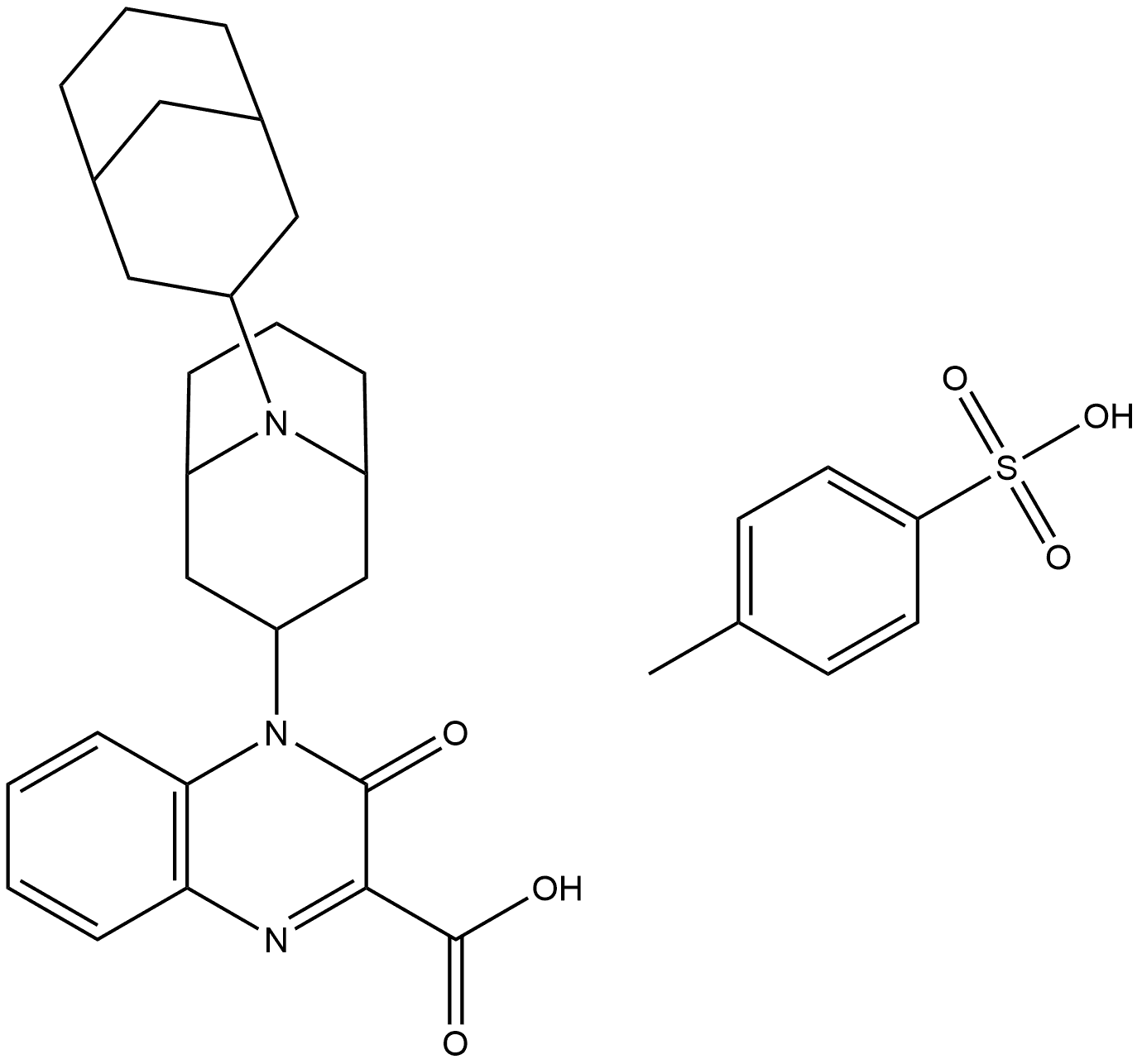 2-Quinoxalinecarboxylic acid, 4-[(3-endo)-9-(3-exo)-bicyclo[3.3.1]non-3-yl-9-azabicyclo[3.3.1]non-3-yl]-3,4-dihydro-3-oxo-, 4-methylbenzenesulfonate (1:1) Structure