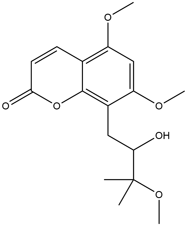 2H-1-Benzopyran-2-one, 8-(2-hydroxy-3-methoxy-3-methylbutyl)-5,7-dimethoxy-, (-)- Structure