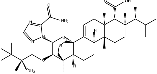 4H-1,4a-Propano-2H-phenanthro[1,2-c]pyran-7-carboxylic acid, 14-[5-(aminocarbonyl)-1H-1,2,4-triazol-1-yl]-15-[(2R)-2-amino-2,3,3-trimethylbutoxy]-8-[(1R)-1,2-dimethylpropyl]-1,6,6a,7,8,9,10,10a,10b,11,12,12a-dodecahydro-1,6a,8,10a-tetramethyl-, (1S,4aR,6aS,7R,8R,10aR,10bR,12aR,14R,15R)- 구조식 이미지