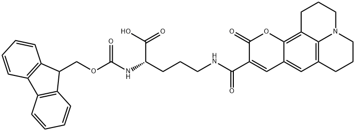 L-?Ornithine, N2-?[(9H-?fluoren-?9-?ylmethoxy)?carbonyl]?-?N5-?[(2,?3,?6,?7-?tetrahydro-?11-?oxo-?1H,?5H,?11H-?[1]?benzopyrano[6,?7,?8-?ij]?quinolizin-?10-?yl)?carbonyl]?- Structure