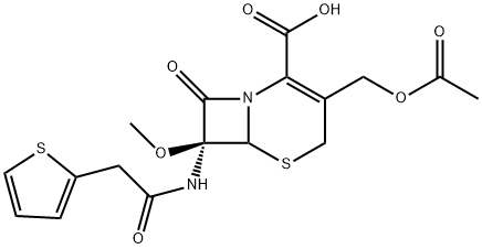 5-Thia-1-azabicyclo[4.2.0]oct-2-ene-2-carboxylic acid, 3-[(acetyloxy)methyl]-7-methoxy-8-oxo-7-[[2-(2-thienyl)acetyl]amino]-, (7S)- 구조식 이미지