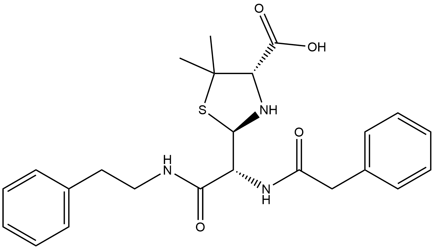 4-Thiazolidinecarboxylic acid, 5,5-dimethyl-2-[2-oxo-1-[(phenylacetyl)amino]-2-[(2-phenylethyl)amino]ethyl]-, [2R-[2α(R*),4β]]- (9CI) 구조식 이미지