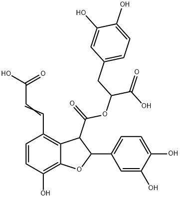 3-Benzofurancarboxylic acid, 4-(2-carboxyethenyl)-2-(3,4-dihydroxyphenyl)-2,3-dihydro-7-hydroxy-, 3-[1-carboxy-2-(3,4-dihydroxyphenyl)ethyl] ester 구조식 이미지