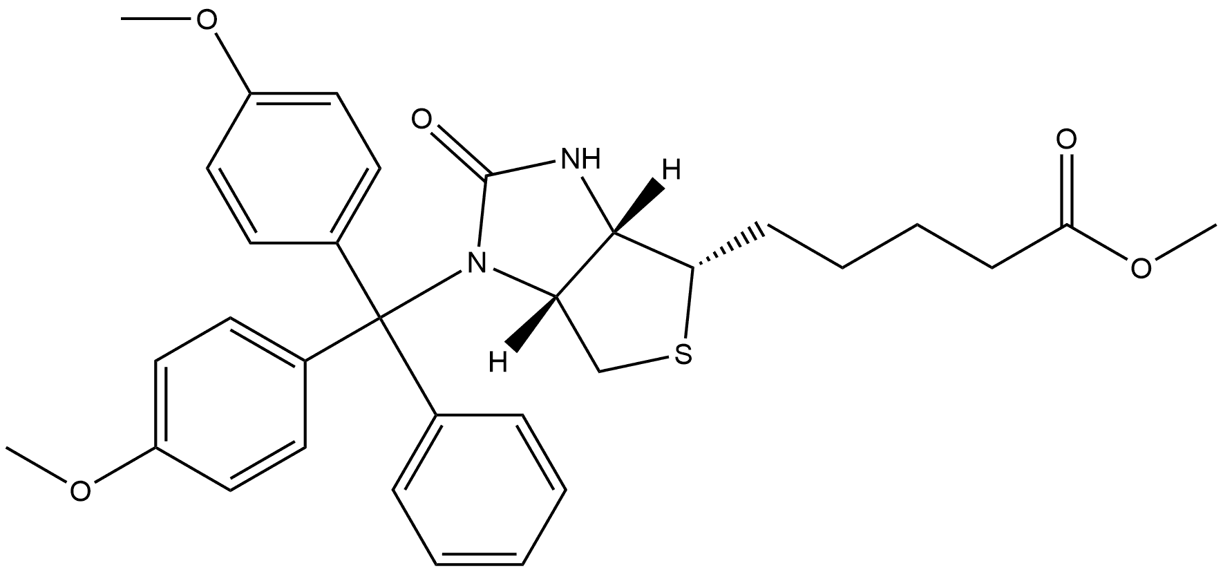 1H-Thieno[3,4-d]imidazole-4-pentanoic acid, 1-[bis(4-methoxyphenyl)phenylmethyl]hexahydro-2-oxo-, methyl ester, (3aS,4S,6aR)- 구조식 이미지