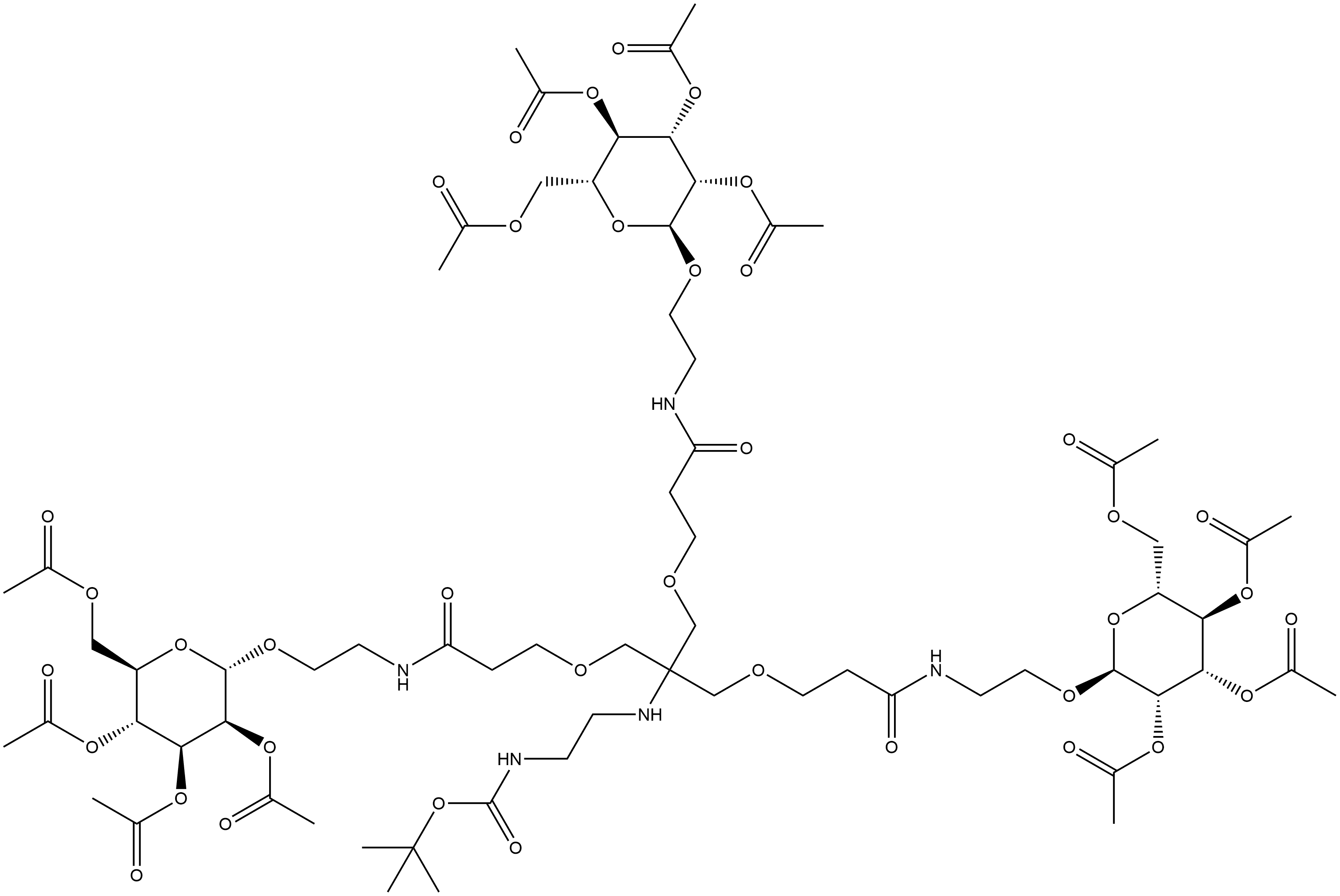 1,1-Dimethylethyl 11-oxo-6,6-bis[[3-oxo-3-[[2-[(2,3,4,6-tetra-O-acetyl-α-D-mannopyranosyl)oxy]ethyl]amino]propoxy]methyl]-14-[(2,3,4,6-tetra-O-acetyl-α-D-mannopyranosyl)oxy]-8-oxa-2,5,12-triazatetradecanoate 구조식 이미지