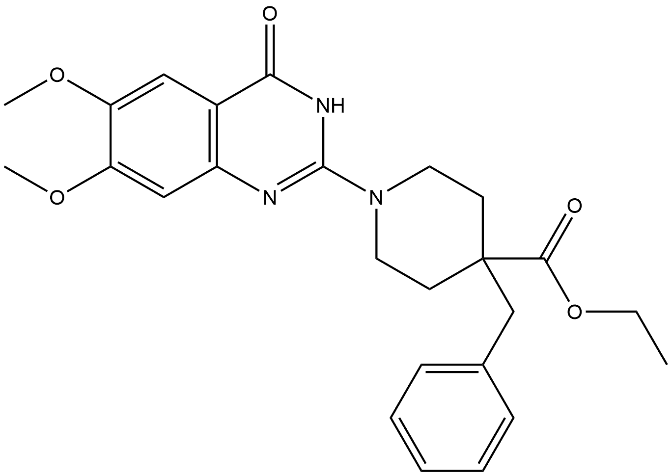 4-Piperidinecarboxylic acid, 1-(3,4-dihydro-6,7-dimethoxy-4-oxo-2-quinazolinyl)-4-(phenylmethyl)-, ethyl ester Structure