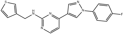 4-(1-(4-Fluorophenyl)-1H-pyrazol-4-yl)-N-(thiophen-3-ylmethyl)pyrimidin-2-amine 구조식 이미지