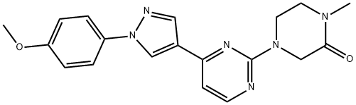 4-(4-(1-(4-Methoxyphenyl)-1H-pyrazol-4-yl)pyrimidin-2-yl)-1-methylpiperazin-2-one 구조식 이미지