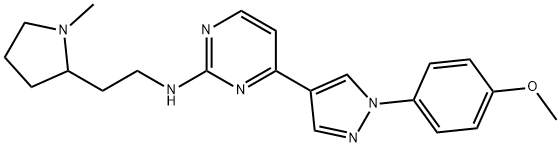 4-(1-(4-Methoxyphenyl)-1H-pyrazol-4-yl)-N-(2-(1-methylpyrrolidin-2-yl)ethyl)pyrimidin-2-amine 구조식 이미지
