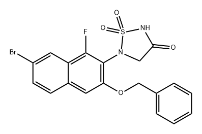 1,2,5-Thiadiazolidin-3-one, 5-[7-bromo-1-fluoro-3-(phenylmethoxy)-2-naphthalenyl]-, 1,1-dioxide 구조식 이미지