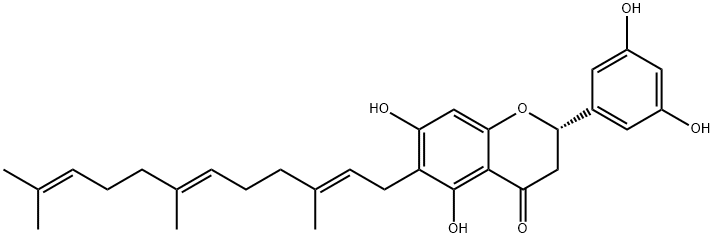 4H-1-Benzopyran-4-one, 2-(3,5-dihydroxyphenyl)-2,3-dihydro-5,7-dihydroxy-6-[(2E,6E)-3,7,11-trimethyl-2,6,10-dodecatrien-1-yl]-, (2S)- 구조식 이미지