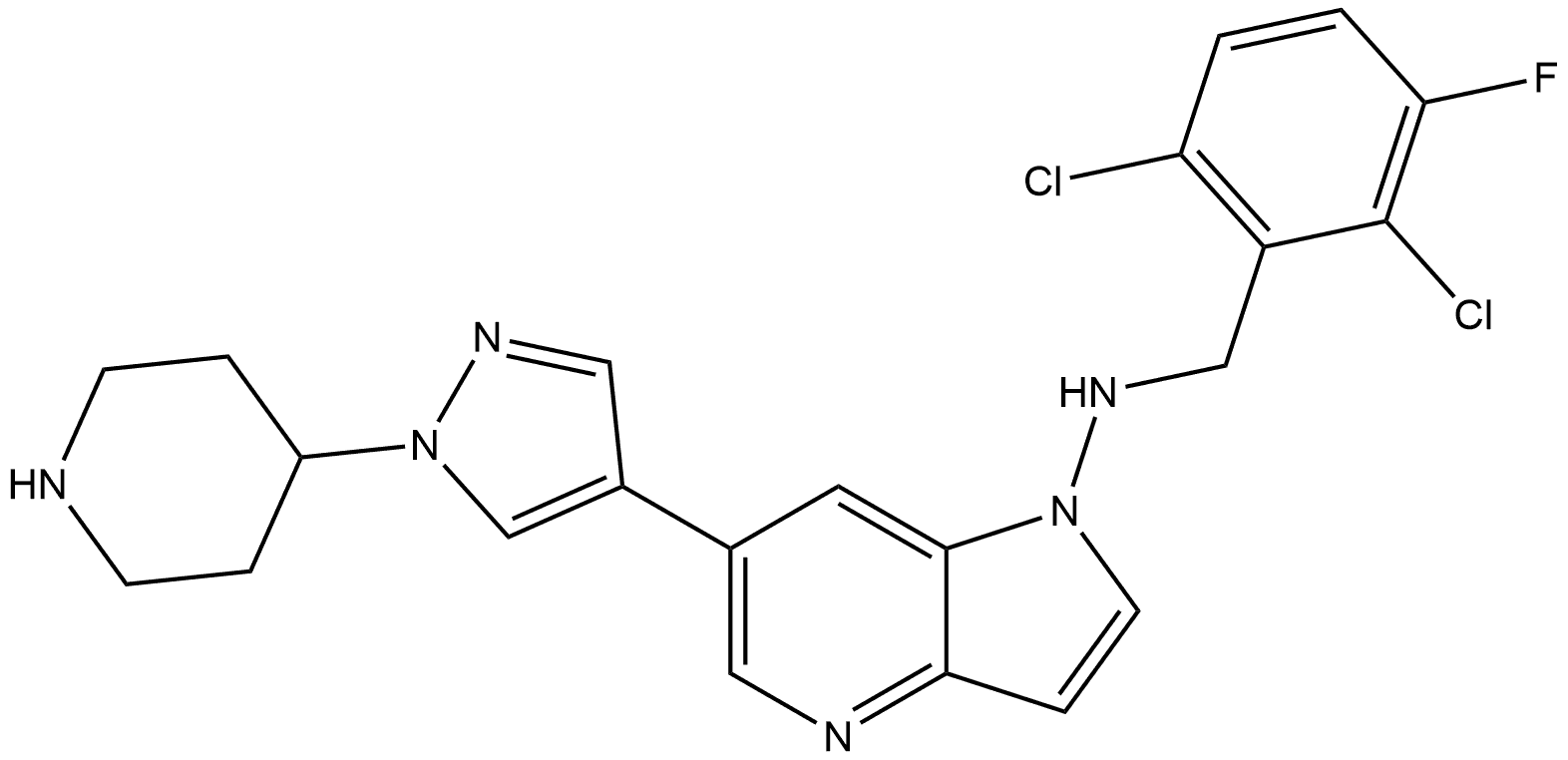 N-[(2,6-Dichloro-3-fluorophenyl)methyl]-6-[1-(4-piperidinyl)-1H-pyrazol-4-yl]-1H-pyrrolo[3,2-b]pyridin-1-amine Structure