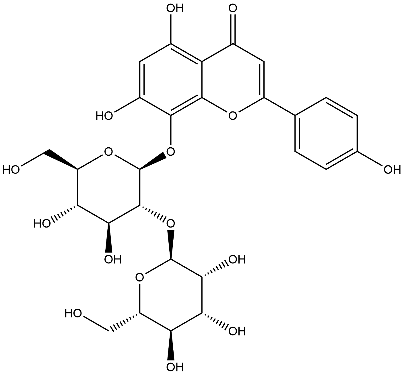 4H-1-Benzopyran-4-one, 5,7-dihydroxy-2-(4-hydroxyphenyl)-8-[(2-O-α-L-mannopyranosyl-β-D-glucopyranosyl)oxy]- Structure